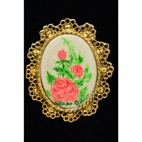 Artist Johan Painted Vintage Statement Pin Brooch Floral Roses Gold Cameo BinF - Picture 2 of 12